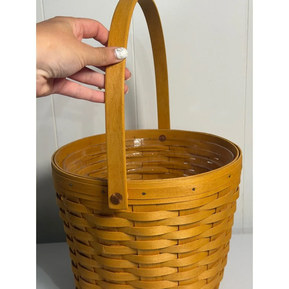 VTG Longaberger Basket Round Brown Woven Wood Plastic Liner 2002 Handwoven USA